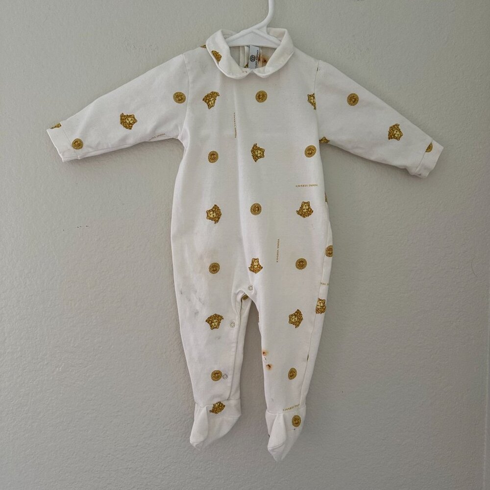 Young Versace Unisex Onesie Medusa Head Print Cotton Blend Print White Sz 12M